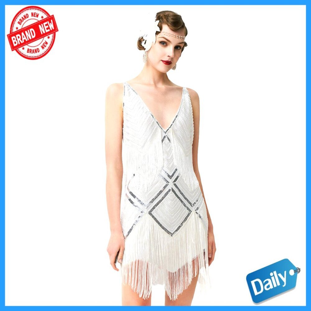 1920s Flapper Dress V-Neck Midi Bodycon Sequins Fringe Gatsby Party